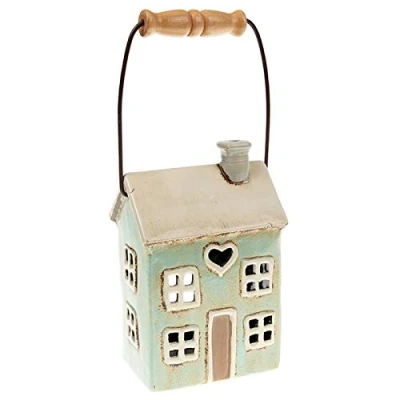 Image of Village Pottery Small Pale Blue House Heart Tealight Lantern Holder