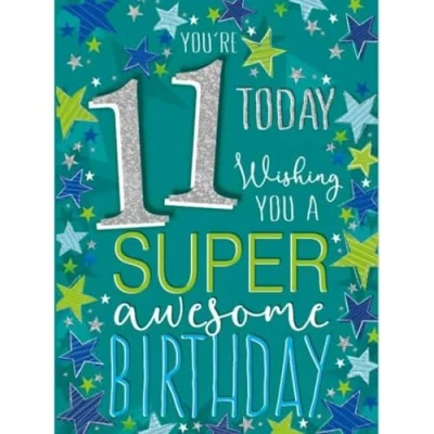 Image of Noel Tatt Boys 11th Birthday Card Age 11 &#039;Super Awesome Birthday&#039; Stars Eco Friendly &amp; Recyclable