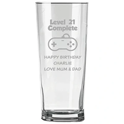 Image of Personalised Engraved Pint Glass 21st Birthday Gift, Level 21 Complete with Name and Message Design