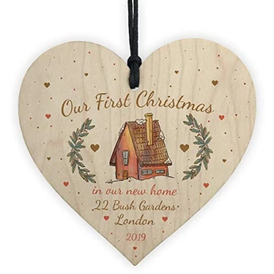 Image of RED OCEAN Personalised First 1st Christmas In Our Your New Home Wood Heart Tree Decoration Bauble