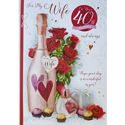 Image of Words &#039;n&#039; Wishes Milestone Age Female Birthday Card for &#039;Wife&#039; Roses, Champagne and Presents with Gold Foil Finish &amp; Personalised Stickers Eco Friendly Made in Great Britain