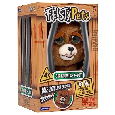 Image of John Adams Feisty Pets 10&quot; Sir Growls A Lot: Squeeze the back of my head… if you dare! Interactive Plush Giftable prank toys Ages 6+, Brown