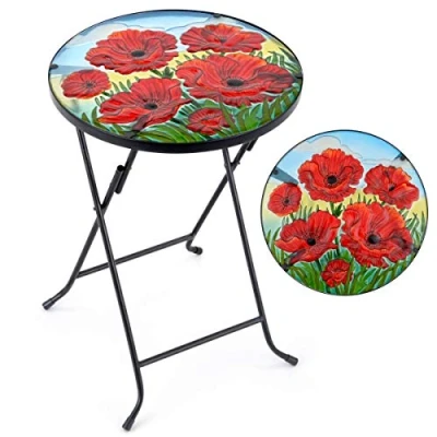 Image of CHRISTOW Bistro Table Glass Top Round Folding Garden Patio Decoration Plant Stand (Painted Poppy)