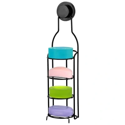 Image of BELLE VOUS Black 4 Tier Iron Shower Caddy Rack No Drilling/Adhesive Suction Cup Hanging Bathroom Organiser Basket Rustproof Soap Bar Storage Holder for Razors, Sponges, Shampoo, and More