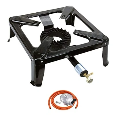 Image of NJ SGB 07 Cast Iron Gas Stove Large Burner LPG Cooker Boiling Ring Frame Outdoor 8kW + Regulator Set (Butane 21mm Clip on)