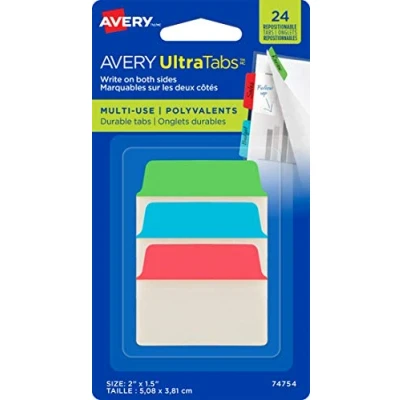 Image of Avery Sticky Ultra Tabs/Multi Purpose Tags, 24 Tabs per Pack, 50.8 mm, Green, Blue, Red