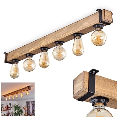 Image of Ceiling Light Montgomery, Modern lamp Made of Metal/Wood in Black/Nature, Industrial Style, Retro/Vintage 6 Flame with Wooden Beam, x E27 Socket. Without Bulbs