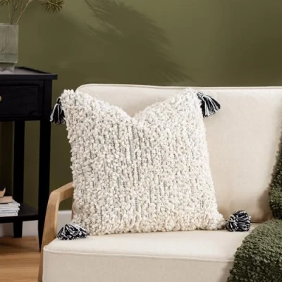 Image of Hoem Cambre Boucle Tasselled Filled Cushion Black/White Cotton Size 50 cm x