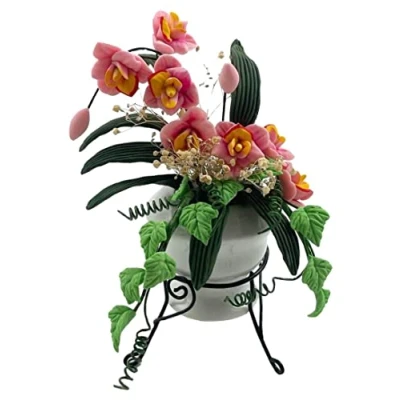 Image of Melody Jane Dolls House Pink Yellow Flowers in Pot Pedestal Stand Miniature Garden Accessory