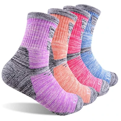 Image of FEIDEER Women&#039;s Hiking Walking Socks, 4 Pack Outdoor Recreation Socks Wicking Cushion Crew Purple/Red/Pink/Blue, M