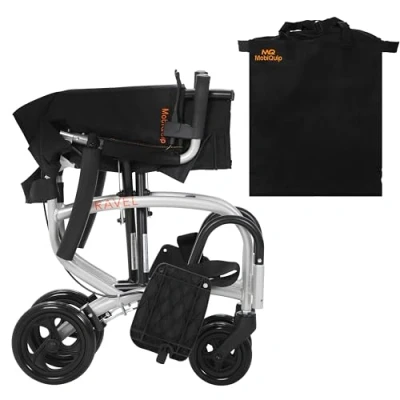 Image of MobiQuip 8kg Travel Wheelchair, Ultra Lightweight, Compact, Folding Attendant Propelled, Light Aluminium Frame, Portable Transit Mobility Wheelchair with Carry Bag Silver Frame