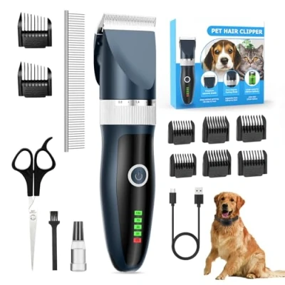 Image of ETROBOT Dog Clippers, Grooming Kit Rechargeable Cordless Pet Clippers LED Display, Low Noise Electric Professional for Thick Hair with 8 Combs Dogs Cats