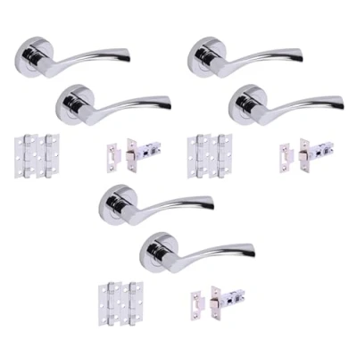 Image of HANDLEZONE® 3 Sets Lobo Internal Door Handles on Rose Lever Latch Packs with 75mm Ball Bearing Hinges and 76mm Latches Polished Chrome