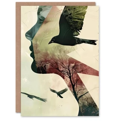 Image of Artery8 Greeting Card Abstract Woman Profile Portrait Crows Trees Dark Blank For Him Or Her Art Birthday