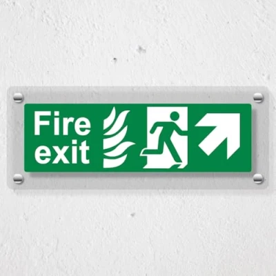 Image of V Safety NHS Fire Exit Arrow Up Right 450 x 150 mm Acrylic Perspex Cast Clear Sign