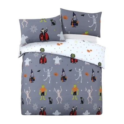 Image of Halloween Spooky Friends Single Duvet Cover Set Reversible Polycotton Bedding Grey (GREY, SINGLE)