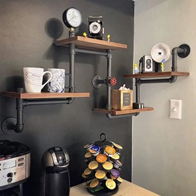 Image of WFDERAN Industrial Rustic 4 Teir Ladder Wall Mounted Pipe Shelf,Home DIY Decor Storage Shelves,Vintage Display Shelving,Metal and Wood Bookshelf