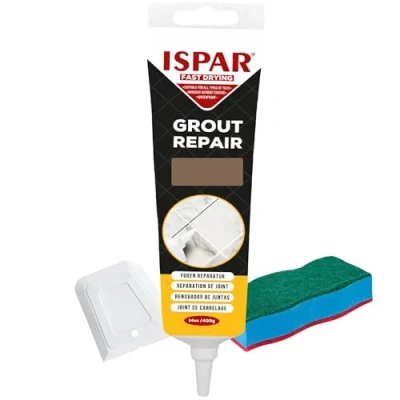 Image of Ispar Tile Grout, 400 g Brown Grout Reviver, Fast Drying Premixed Repair Kit with Spatula &amp; Sponge, Ideal for Bathroom, Kitchen Floor Tiles Renewal