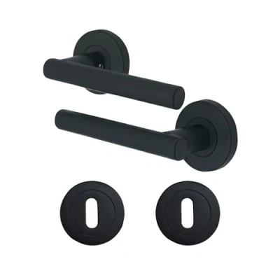 Image of EAI Round Internal Door Handle Set Matt Black Lever with Keyhole Escutcheon Universal Handles Office, Bedroom, Closet &amp; Bathroom on Rose Lockable Interior
