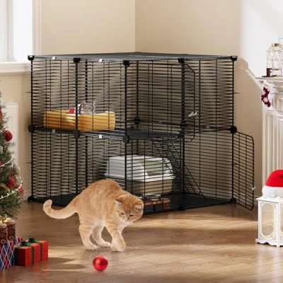 Image of YITAHOME Cat Cage Indoor Enclosures 2 Tiers DIY Playpen, with Metal Wire Dense, Pet Playpen Kennel for 1 Cats, Ferret, Rabbit, Small Animals, Black, 71x 71x71cm