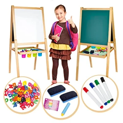 Image of Leomark Merkell Wooden Double Sided Black and White Easel with Accessories Magnetic Letters, Educative Toy for Children, Kids Drawing Learning Board