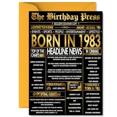 Image of Gold 42nd Birthday Card for Men Women Black &amp; Golden Newspaper Born in 1983 Happy 42 Cards Auntie Wife Nephew Dad Niece Neighbour, A5 Bday Greeting