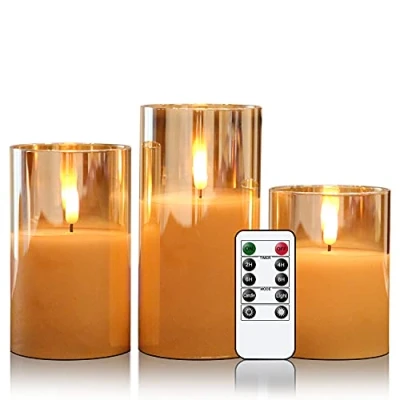 Image of Eldnacele Gold Glass Flameless Candles Flickering with Remote, 3D Wick Battery Operated Realistic Warm Light Candle Timer, Set of 3(D3&#039;&#039; x H4&#039;&#039;/5&#039;&#039;/6&#039;&#039;) for Party Wedding Christmas Decoration