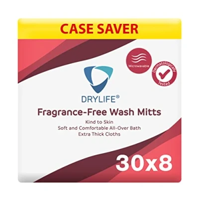 Image of 240x Drylife Extra Thick Adult Washcloths Unique Disposable Body Wipes Shaped Like a Glove Microwavable, Unscented, Premoistened Wet with Aloe Vera (30 Packs of 8)