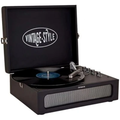 Image of Aiwa VPX 1971/BK Vintage Turntable in Synthetic Leather Briefcase with Bluetooth 2 Way MP3 Player and USB Recorder Black