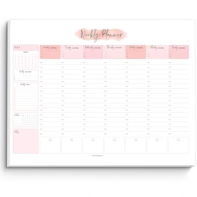 Image of Weekly Hourly Planner Notepad, Daily Desk Pad, Schedule, To Do List Note ADHD 50 Undated Tear Away Sheets A4 (Pink)