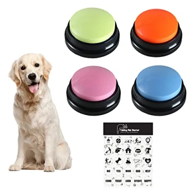 Image of baijiexun 4Pcs Voice Recording Button with 25 Stickers, Recordable Dog Talking Set Pet Training Buzzer Buttons Teach Your To Talk