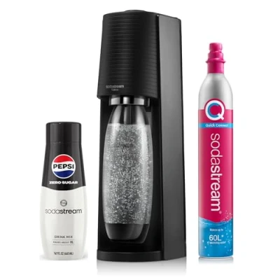 Image of SodaStream Terra Sparkling Water Maker starter bundle, Quick Connect CO2 System, Includes 60L Gas Cylinder, 1 x 440ml Pepsi Max, BPA Free 1L Bottle, Eco Friendly &amp; Reduces Plastic Waste, Black