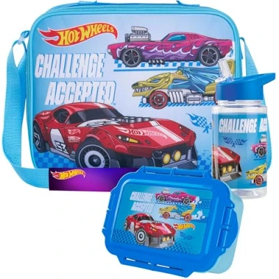Image of Get Trend Hot Wheels Water Bottle Lunch Bag and Box Kids Set 3 Pcs School Supplies Bento Snack BPA Free Leakproof for Travel (Blue Wheels)