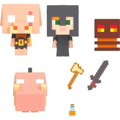 Image of Minecraft Toys Mob Head Mini Set with 4 Figures and Accessories Nether Fire Battle Collectible Gifts for Kids, HKR59