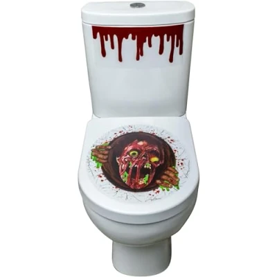Image of Smiffys Zombie Portal Toilet Seat Stickers, Red Blood Cistern &amp; Base 41x48cm / 16x19in, Halloween Fancy Dress Accessory, Up decorations