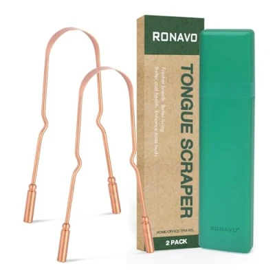 Image of RONAVO Copper Tongue Scraper for Adults (2 Pack), 100% Pure Copper, Naturally Anti Microbial, Banishes Bad Breath and Maintains Oral Hygiene, Cleaner with Travel Case, Easy to Use Clean