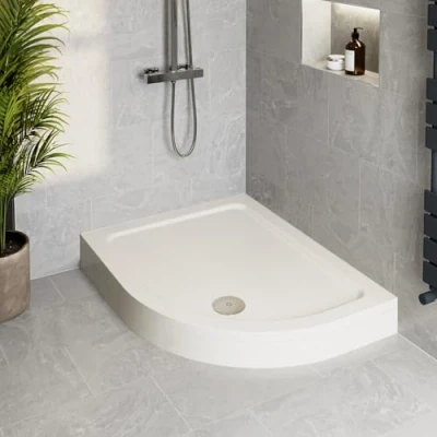 Image of Podium® 1000 x 800 140mm White Bathroom Non Slip Tray for Enclosures Cubicles &amp; Wet Room with Waste + Riser Kit, Offset Quadrant Right Hand