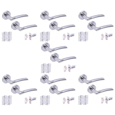 Image of HANDLEZONE® 7 Sets Columba Premium Internal Door Handles on Rose Lever Latch Packs with 75mm Ball Bearing Hinges and 76mm Latches Dual Polished/Satin Chrome