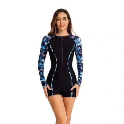 Image of Beachkini One Piece Swimsuit for Women Long Sleeved Swimwear with Front Zip Triangle Swimsuit,80 Black Blue,XXL