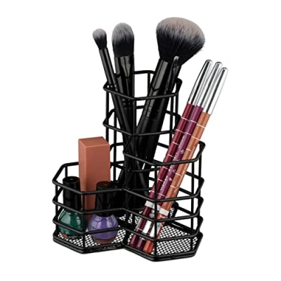 Image of Relaxdays Brush, 3 Compartments, Hexagon, H x W D: 12.5 12 cm, Wire, Pen Holder, Organiser, Black, Iron
