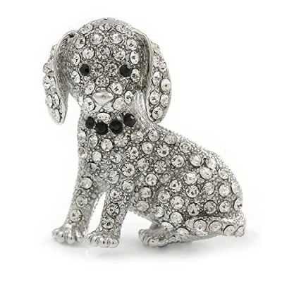 Image of Avalaya Crystal Puppy Dog Brooch in Silver Tone 37mm Tall