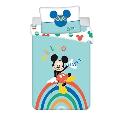 Image of JFabrics Disney Mickey Mouse Baby Cot Duvet and Pillow Set Boys Toddler Bedding sets Made From 100% Cotton, Blue, 100 x 135 CM + Pillowcase 60 40