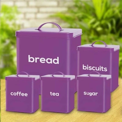 Image of Crystals Bread Bin 5 Piece Purple Tea Coffee and Sugar Canisters set Kitchen Box with Biscuit Containers Retro Storage jars &amp;
