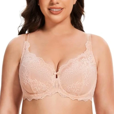 Image of MELENECA Women&#039;s Plus Size Minimizer Bras Full Coverage Lace Unlined Underwire Bra Beige 44G