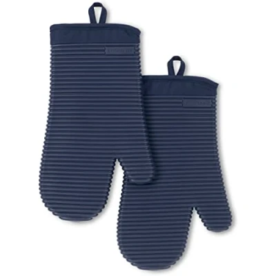 Image of KitchenAid Ribbed Soft Silicone Oven Mitt 2 Pack Set, Ink Blue, 7.5&quot;x13&quot;