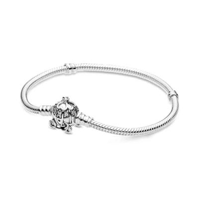 Image of Pandora Disney snake chain sterling silver bracelet and Cinderella pumpkin coach clasp with clear cubic zirconia, 18