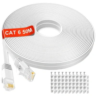 Image of Ethernet Cable 50m Outdoor Indoor, Extra Long Cat6 High Speed Flat Internet Cable, Pure Copper Core Network 50 meter, Gigabit LAN RJ45 Patch for Router (50 Clips)