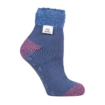 Image of HEAT HOLDERS Ladies Feather Top Fluffy Low Cut Non Slip Thermal Lounge Bed Socks with Grips (4 8 uk, Muted Blue (L Feather))