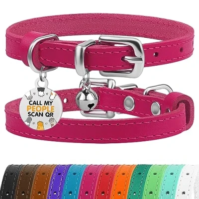 Image of BRONZEDOG Leather Cat Collar with Bell Non Breakaway Kitten QR Tag for Girl Boy (23 28 cm, Pink &amp; Silver) ​