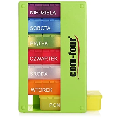 Image of com four® medication dispenser in POLISH box for 7 days 3 compartments pill tablet weekly storage [POLISH] (green)